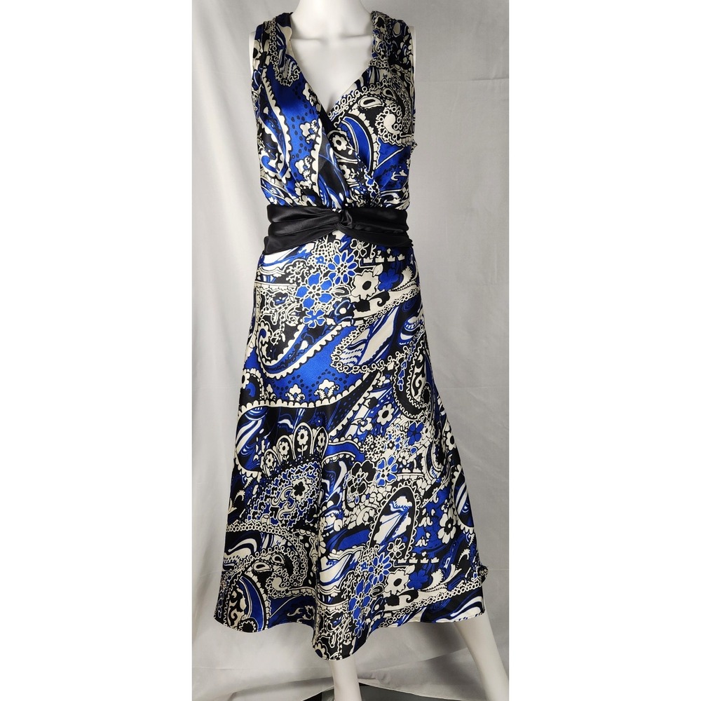 Dressbarn Blue Paisley Satin Midi Dress Tie‑Back 16W